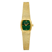 Bulova Goddess of Time 96L343 con cassa rettangolare in acciaio e quadrante in sodalite blu.